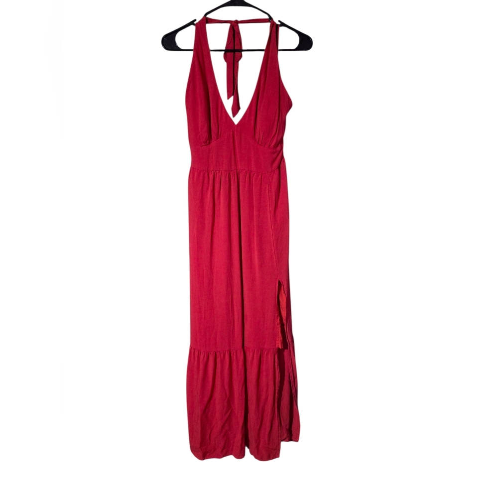Hollister Red Halter Maxi Dress Petite Large Open Back Side Slit Flowy Vacation